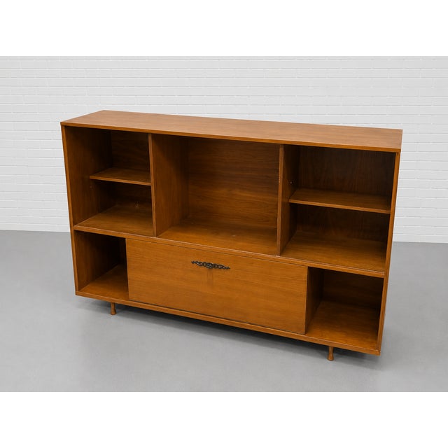 Wood Mid Century Modern Liquor Cabinet Bar | Walnut Bookcase Wall Unit, C. 1960's For Sale - Image 7 of 14