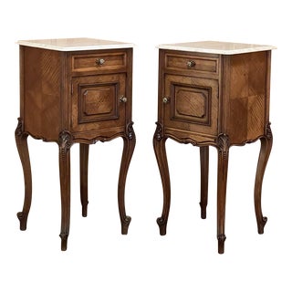 Pair 19th Century French Louis XV Marble Top Walnut Nightstands ~ End Tables For Sale