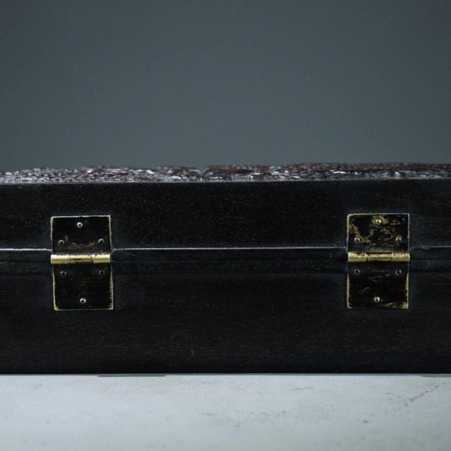 Wood Vintage Chinese Rosewood Jewelry Box | Deep Relief Carved Double Dragon Motif Chest For Sale - Image 7 of 8