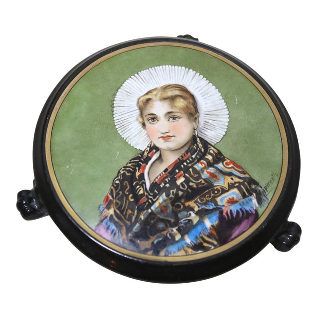 Antique Hand Painted Figural Realism Portrait Porcelain Footed Trivet Stand For Sale