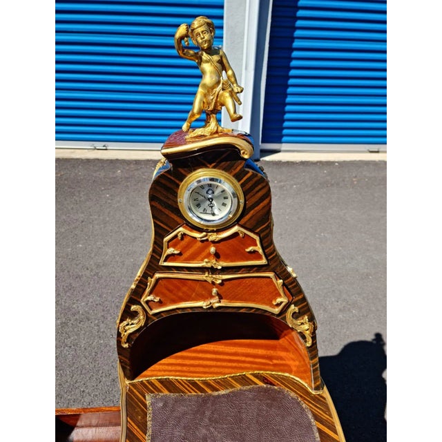French Elegant Lady French Style Marquetry Gilt Bronze Desk/Table With Clock for Home and Office. For Sale - Image 3 of 13