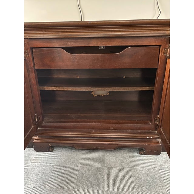 1990s Chinoiserie Wood Credenza With Brass Hardware and Burl Doors For Sale - Image 9 of 13