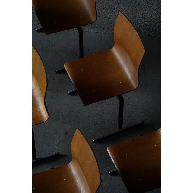 Industrial Stackable Chairs in Black Metal and Oak attributed to Niels Larsen, 1960s, Set of 6 For Sale - Image 13 of 18