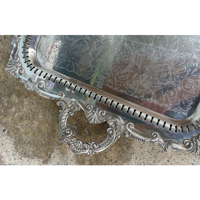 Victorian Mid 20th Century Birmingham Large Footed Silver Plate Serving Tray Etched Reticulated Raised Edge For Sale - Image 3 of 12