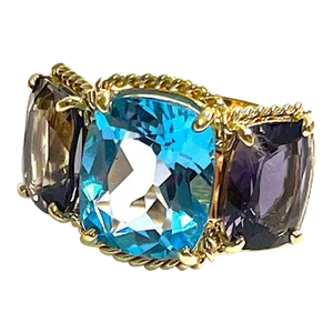 Christina Addison Blue Topaz and Iolite Three Stone Ring With Rope Twist Border