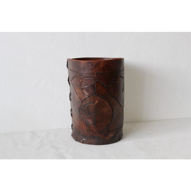 Handcrafted Distressed Leather Nailhead Carved Peruvian Souvenir Wastebasket Vintage For Sale - Image 11 of 12