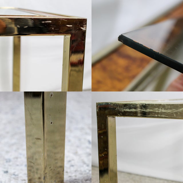 1960s Mid Century Modern Burl Wood & Brass Square Side Table With Glass Top, Manner of Mastercraft For Sale In Washington DC - Image 6 of 7