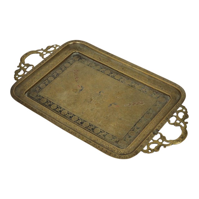 Metal Vintage Brass Tray with Peacock Decoration, 1950s For Sale - Image 7 of 18