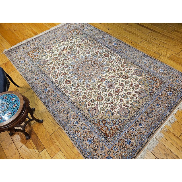 Persian Vintage Persian Isfahan Rug, Hand-Knotted Wool & Silk, Floral Pattern, Ivory & Caramel,7x10 For Sale - Image 3 of 15
