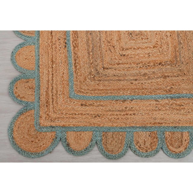 Boho Chic Scallop Jute Turquoise Blue Hand Made Rug 2.5x8 Ft. For Sale - Image 3 of 13
