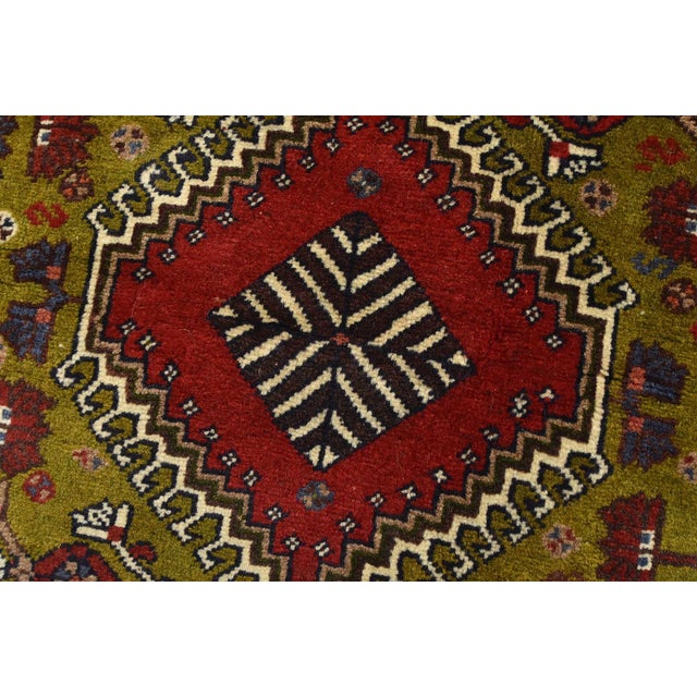 Textile Yalameh Rug 3'5'' X 4'8'' Green Wool Vintage Tribal Hand-Knotted Oriental Carpet For Sale - Image 7 of 12