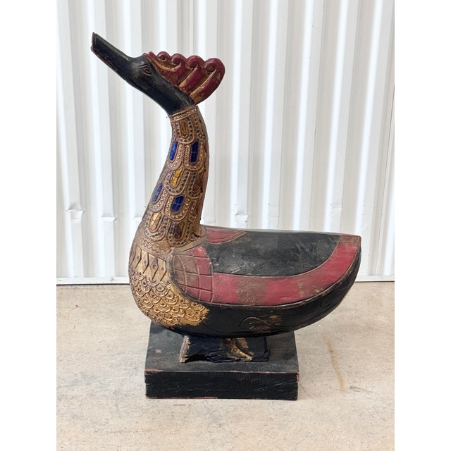 Vintage Indonesian Balinese Folk Art Painted Wood Temple Swan Statue For Sale - Image 11 of 12