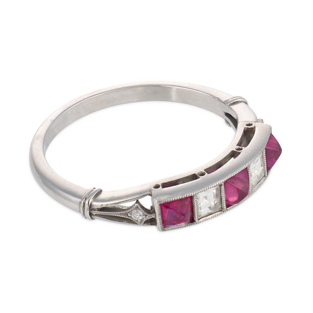 Vintage Ruby Diamond Platinum Five Stone Ring, Size 6.25 For Sale - Image 4 of 6