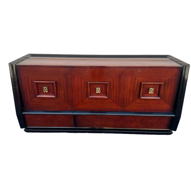 Three door, nine drawer MCM Modernist Italian James Mont Nine Drawer Dresser Credenza. Cerused finished with fading black...