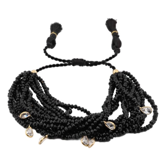 Crystal & Diamond Multi Strand Black Adjustable Bracelet For Sale