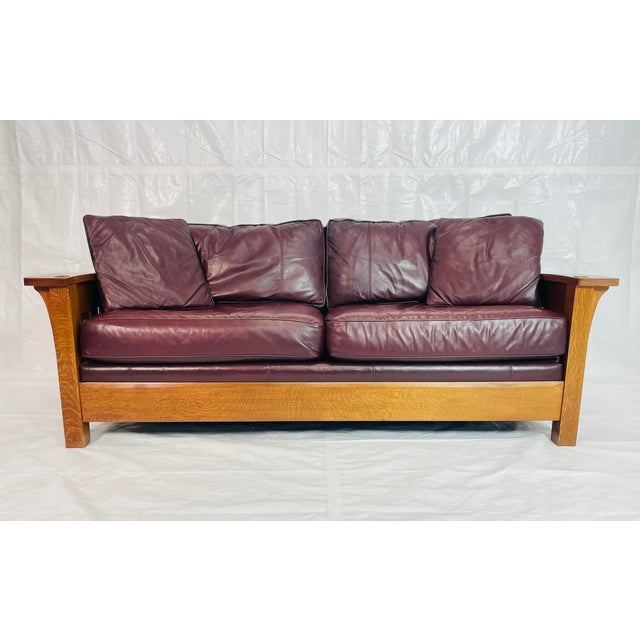 Arts & Crafts 1980s Stickley Arts & Crafts Solid Oak Sofa With Burgundy Leather Upholstery For Sale - Image 3 of 16
