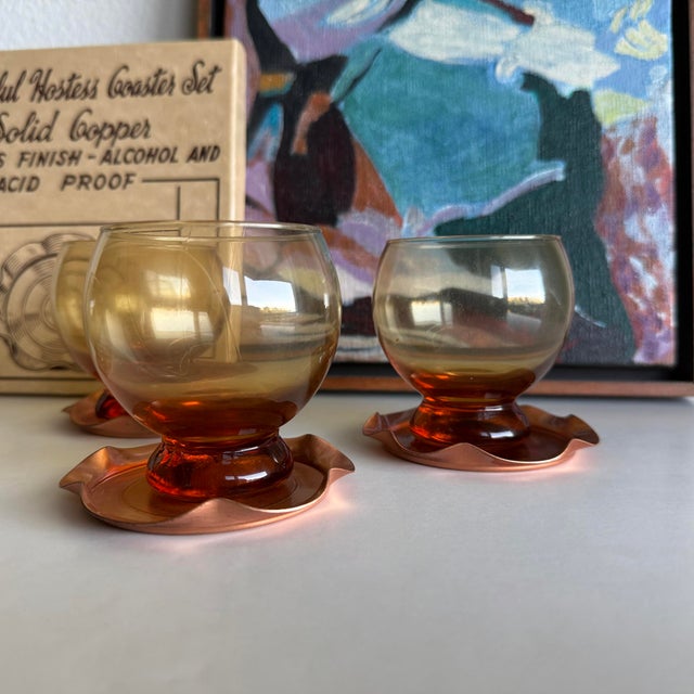 Mid-Century Modern Cute Vintage 1950s–60s Solid Copper Coasters, Set of 4 With Original Box For Sale - Image 3 of 10