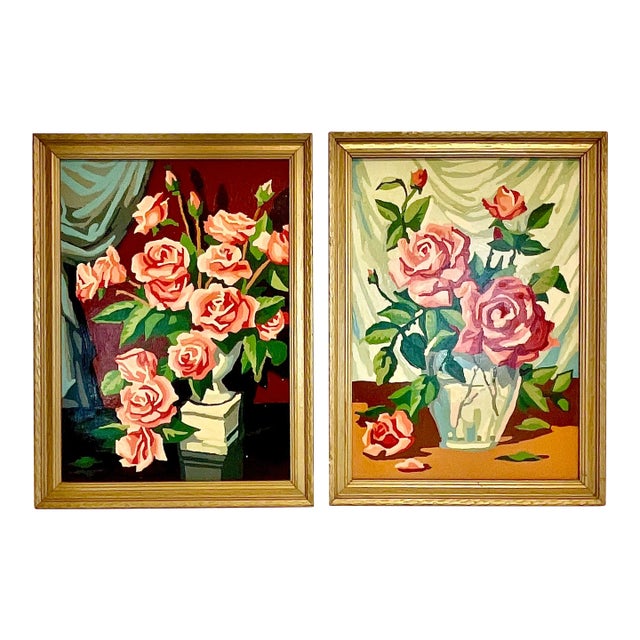 1960s Mid-Century Boho Chic Still Life Roses, Oil Painting - A Pair For Sale