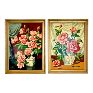 1960s Mid-Century Boho Chic Still Life Roses, Oil Painting - A Pair
