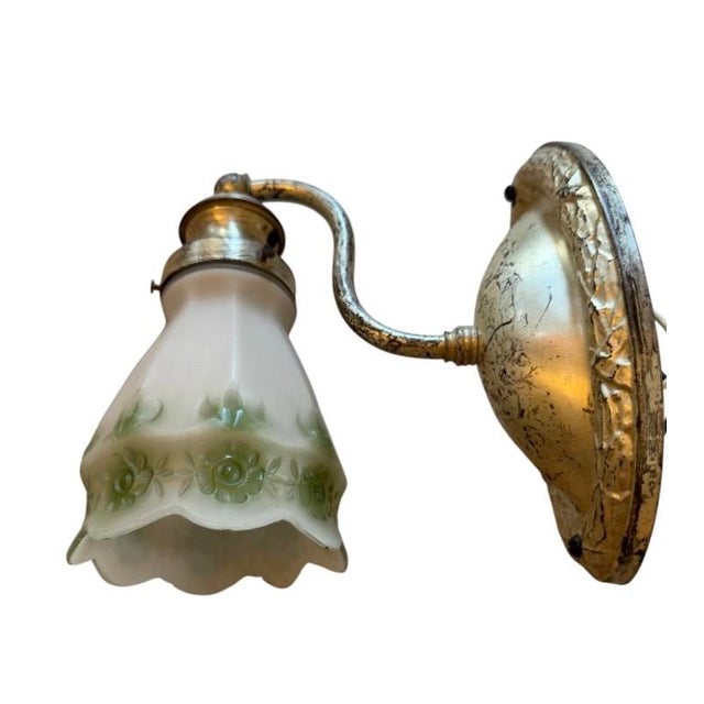 Victorian Antique Silverplate Gooseneck Wall Sconccs With White and Green Flower Shades - a Pair For Sale - Image 3 of 8