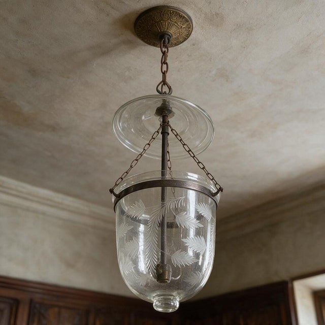 19th Century Anglo-Indian Style Etched Glass Bell Jar Hundi Lantern. A striking 19th-century style Anglo-Indian hundi bell...