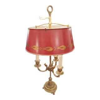 Antique French Bouillotte Bronze and Painted Tole Shade Table Lamp, Circa 1930s For Sale