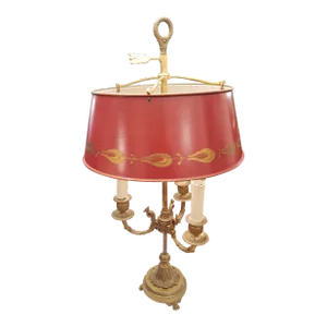 Antique French Bouillotte Bronze and Painted Tole Shade Table Lamp, Circa 1930s