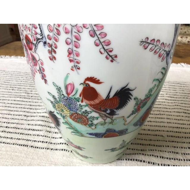 1960s A Pair of Vintage Asian Vases Hand-Painted With Roosters and Florals in Hong Kong For Sale - Image 5 of 12