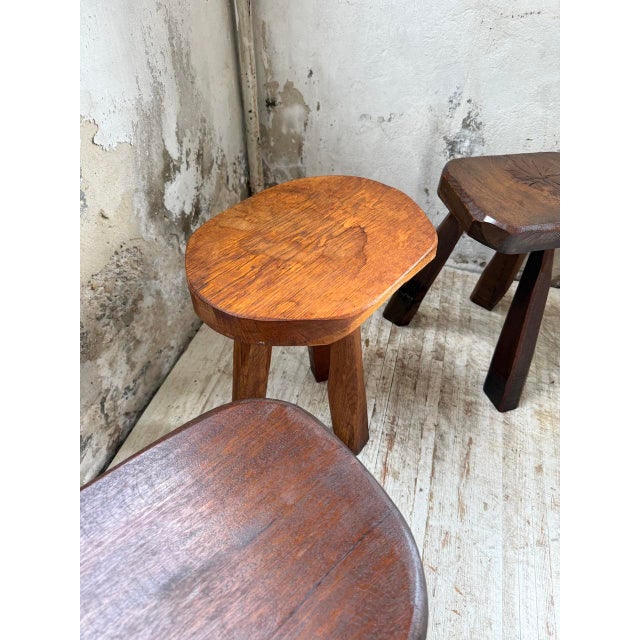 Brutalist Oak Tripod Stools, 1960s, Set of 4 For Sale - Image 17 of 18