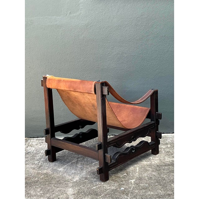 Wood Vintage MCM Leather Sling Lounge Chair For Sale - Image 7 of 12