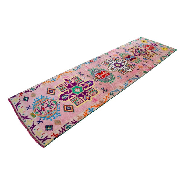 1970s Runner Rug Turkish Hand-Knotted Rug Pink Hallway Decor Kitchen Runner 3x10 Ft Approx For Sale - Image 4 of 18