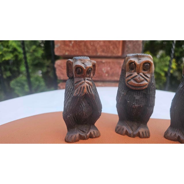 Wooden carved figurines, 3 monkeys, don't speak, don't hear, don't see, 1950s-60s