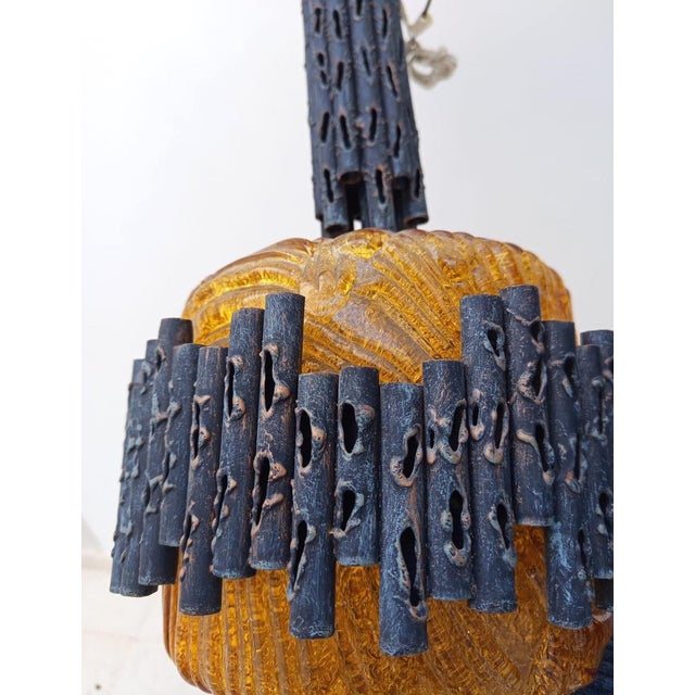 Metal Brutalist Pendant Lamp attributed to Marcello Fantoni, 1960s For Sale - Image 7 of 13