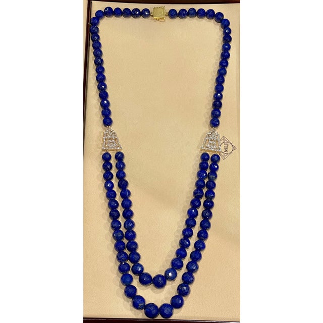 Vintage Lapis Lazuli Double Strand Diamond Necklace 14 Kt Yellow Gold Clasp For Sale - Image 13 of 18