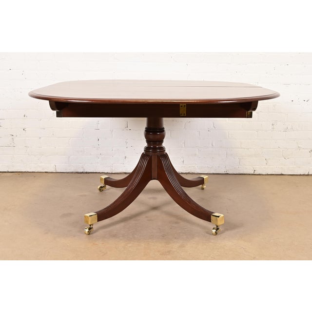 Reeder of London Antique English Regency Carved Mahogany Pedestal Extension Dining Table, Newly Restored For Sale - Image 12 of 14