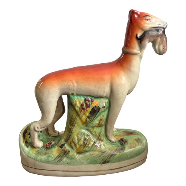 Vintage Staffordshire Style Whippet Dog With Fish For Sale