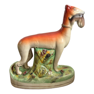 Vintage Staffordshire Style Whippet Dog With Fish