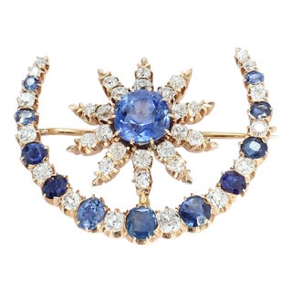 Mid 20th Century 14k Rose Gold Crescent Brooch With Blue Sapphire & White Diamonds For Sale