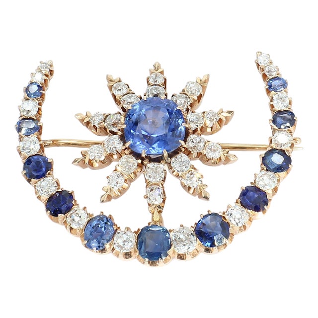 Mid 20th Century 14k Rose Gold Crescent Brooch With Blue Sapphire & White Diamonds For Sale