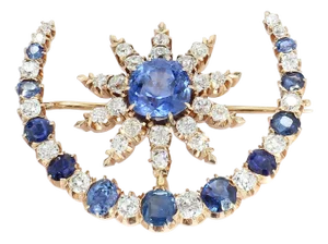 Mid 20th Century 14k Rose Gold Crescent Brooch With Blue Sapphire & White Diamonds