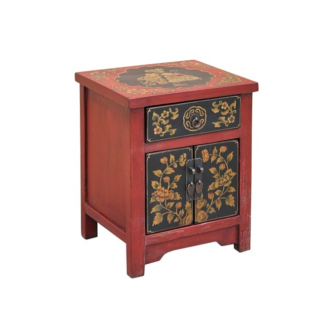 Asian Oriental Red Black Doors Golden Flowers Graphic End Table Nightstand For Sale - Image 3 of 9