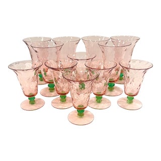 Early 20th Century Pink & Green Watermelon Glass Footed Iced Tea Tumblers Juice Glasses Cordials- Set of 12 For Sale