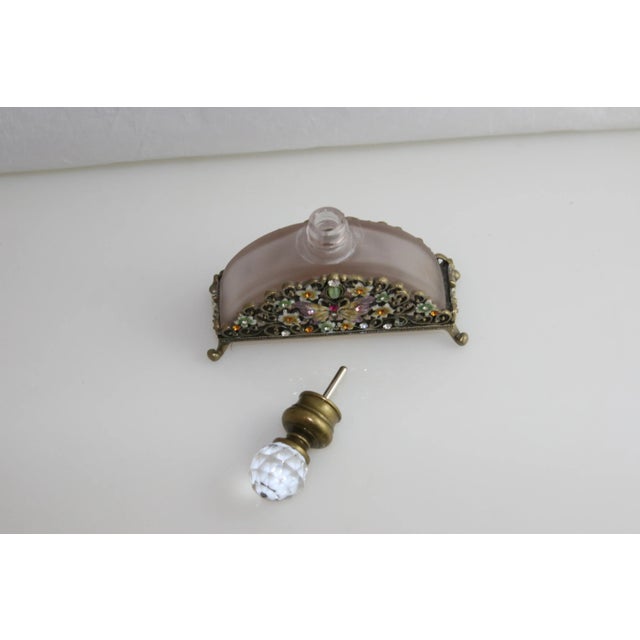 Vintage 1960s Brass Filigree Lavender Glass Jewel & Enamel Footed Perfume Bottle For Sale - Image 9 of 10