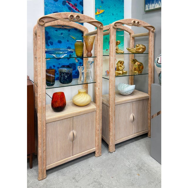 1980s Tessellated Stone, Pencil Reed Etageres, Bookcases, Pair Offered for sale is a 1980s pair of Art Deco Revival...