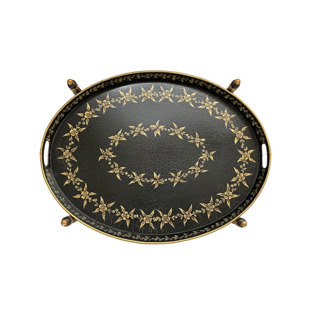 Chinoiserie Late 20th Century Pair of Oval Tole Tray Tables With Folding Stands Chinoiserie Style Regency Black Gold Contemporary Décor For Sale - Image 3 of 5
