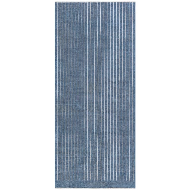 Modern Modern Hand-Knotted Wool Pile Runner in Striped Blue by Doris Leslie Blau For Sale - Image 3 of 4