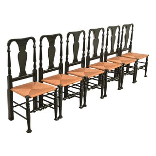 Eldred Wheeler Early American Green Lacquered Rush Seat Dining Chairs, Set of Six For Sale