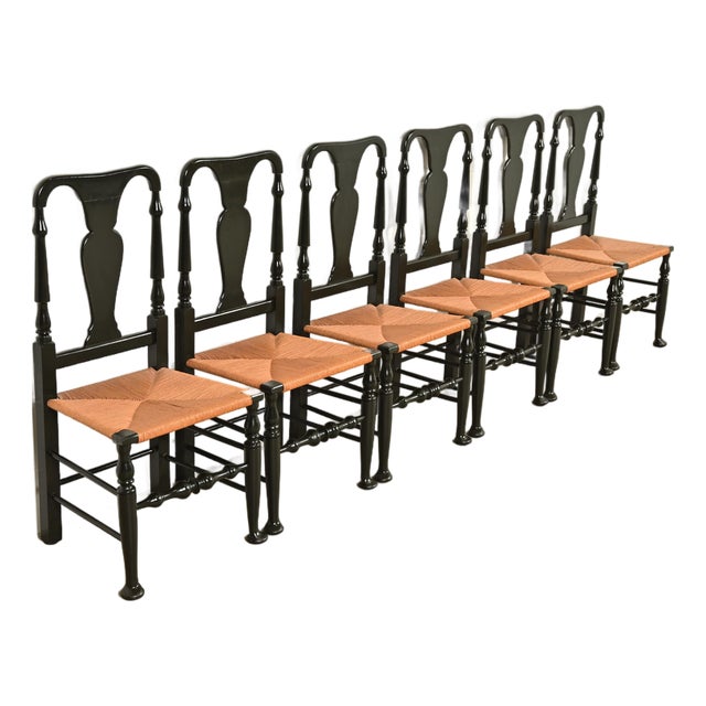 Eldred Wheeler Early American Green Lacquered Rush Seat Dining Chairs, Set of Six For Sale