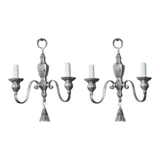 1900s Silverplated Bronze, Double-Branch Wall Sconces With Finely Chased Low Relief Details Throughout. Maker Is e.f. Caldwell, New - a Pair For Sale