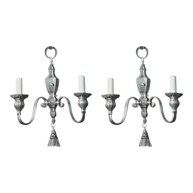 1900s Silverplated Bronze, Double-Branch Wall Sconces With Finely Chased Low Relief Details Throughout. Maker Is e.f. Caldwell, New - a Pair For Sale